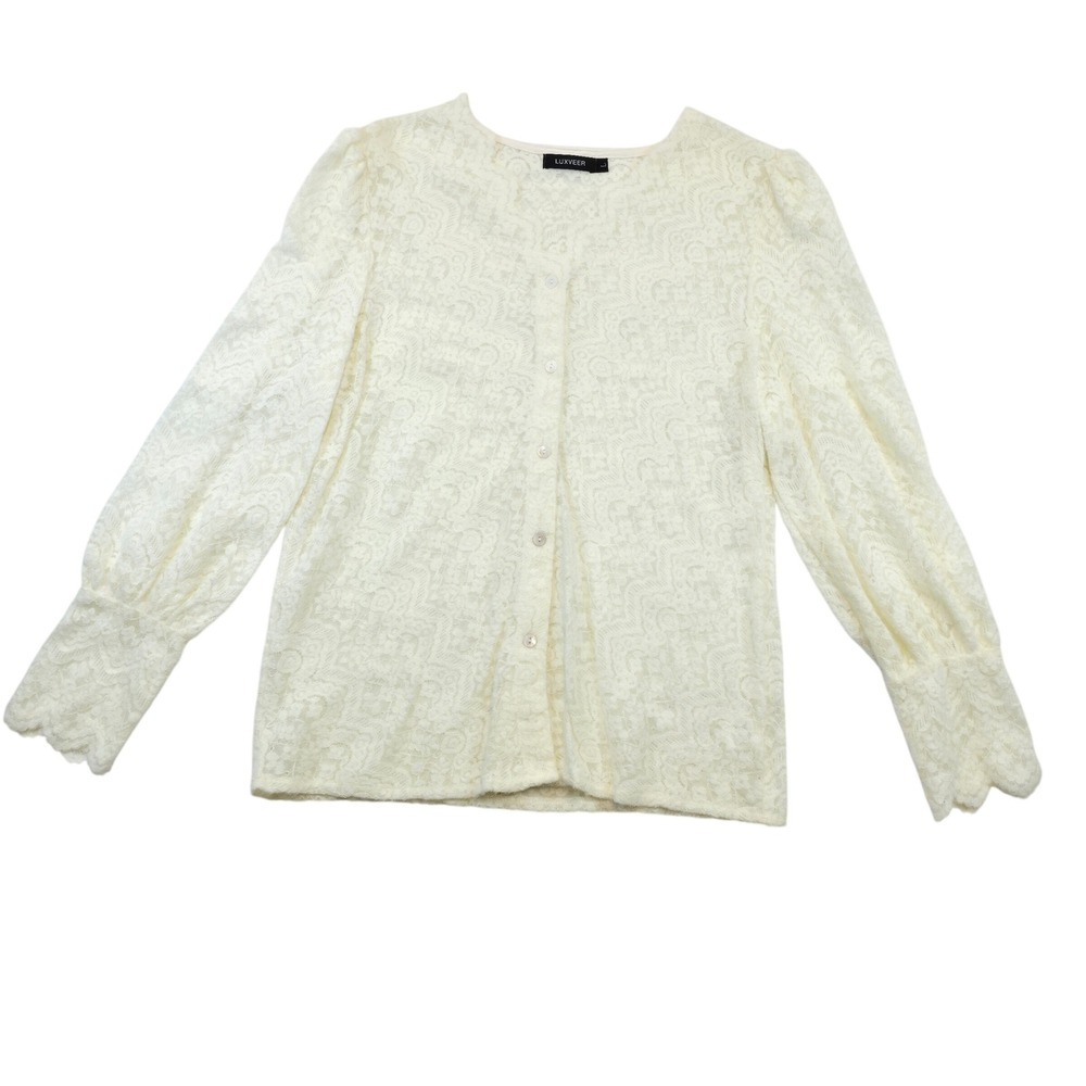 LUXVEER Ivory Lace Button Front Puff Sleeve Blouse Top Women's Size L